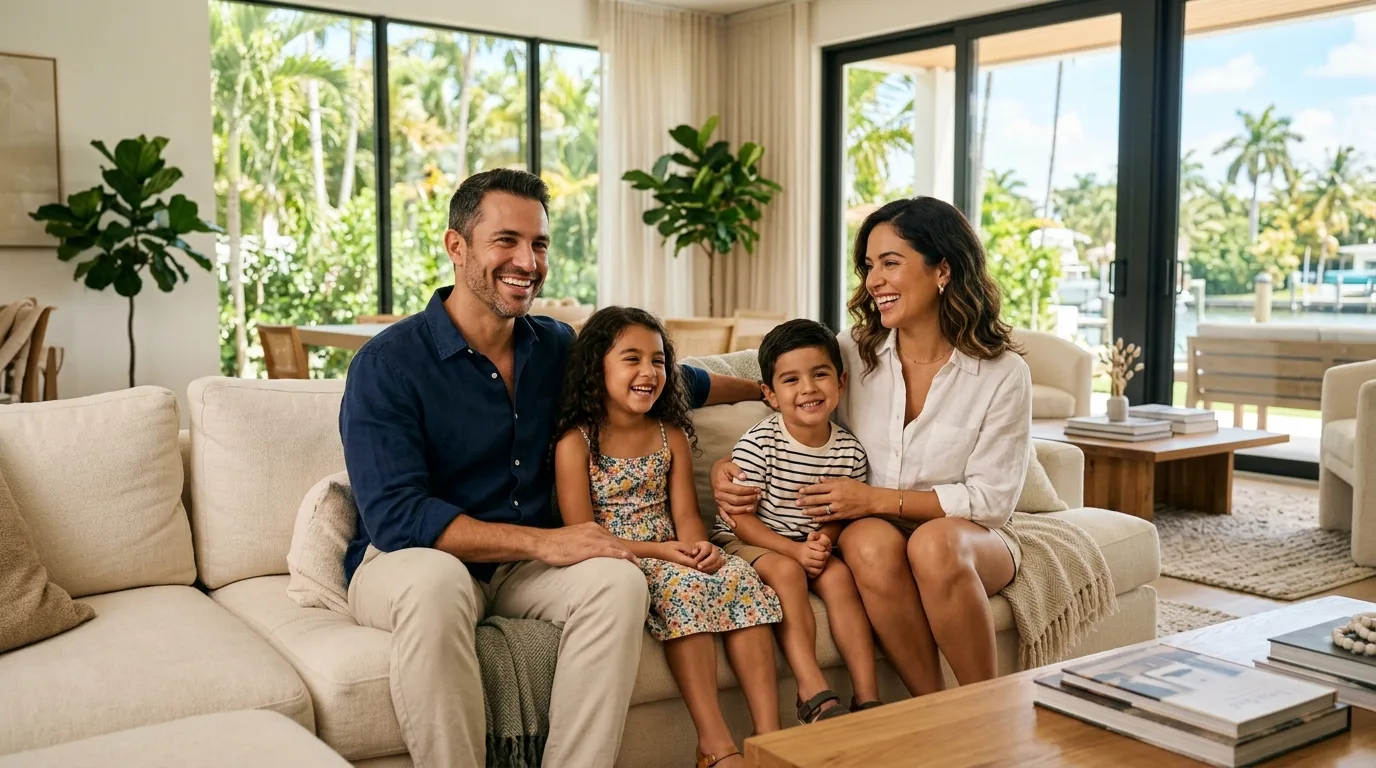 Familia hispana protegida y feliz en su hogar con seguro médico familiar de Marseguros USA