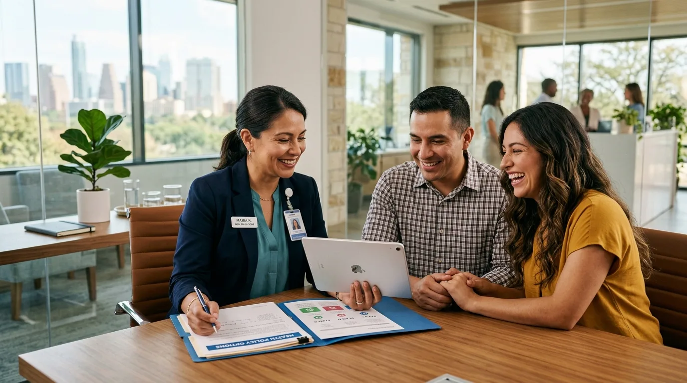 Familia hispana en Texas conversando con una asesora certificada de seguros de salud