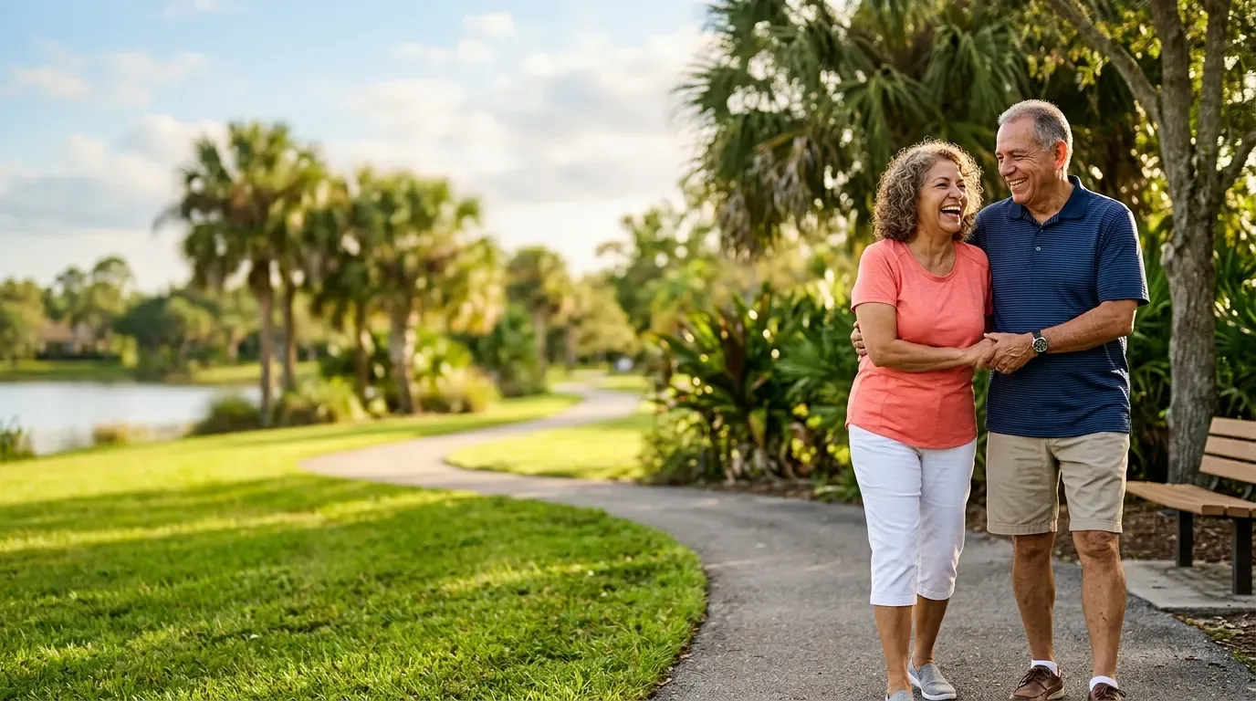 Pareja hispana de adultos mayores caminando feliz en un parque de Florida con cobertura Medicare