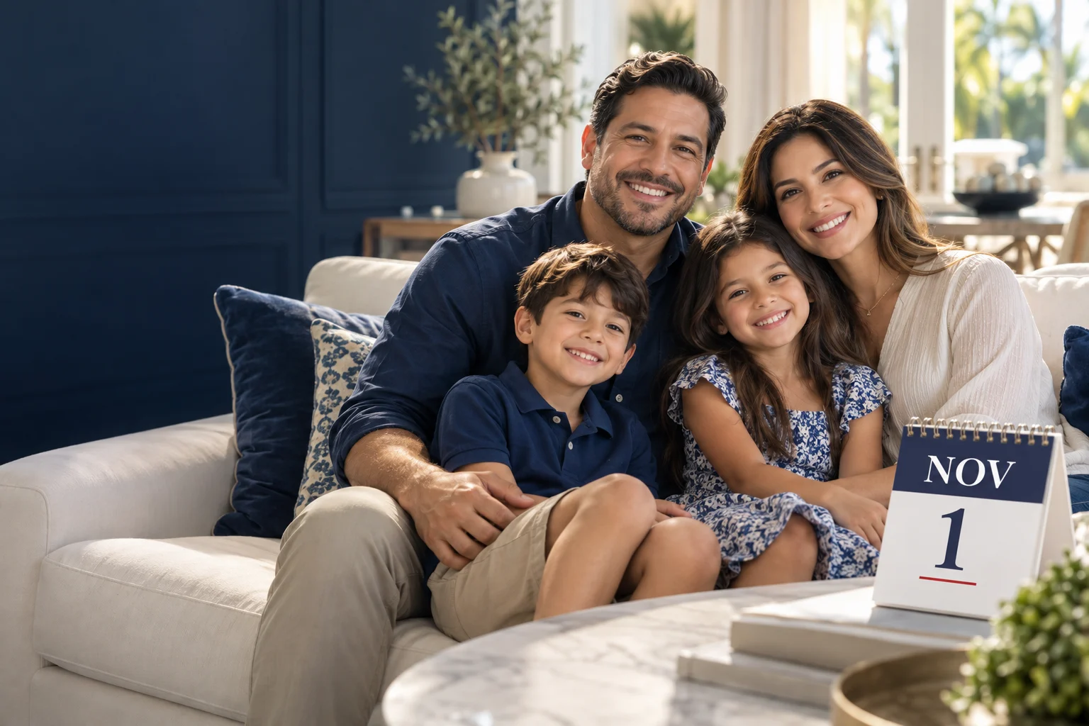Familia reunida en casa junto a un calendario del 1 de noviembre