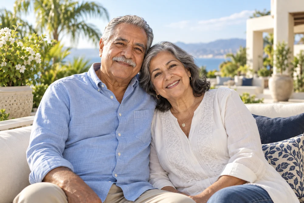Pareja de adultos mayores disfrutando su terraza