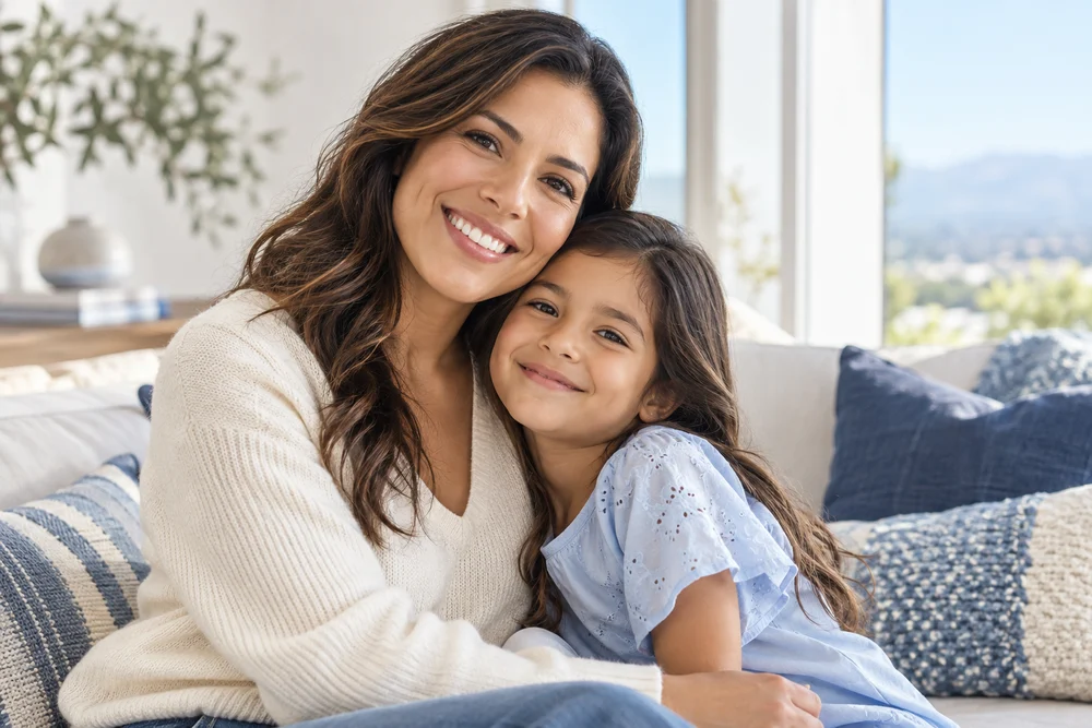 Madre e hija sonriendo en casa